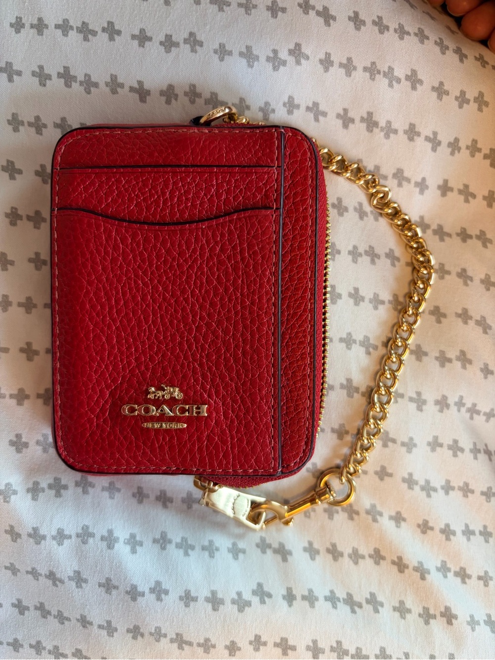 Coach Red Pebbled Leather Card Holder with Gold Chain
